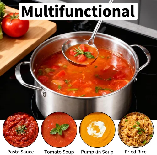 Vista 7 de TBWHL Cucharón de Sopa de Metal 34 cm de Acero Inoxidable 304 con Mango Largo - Cucharón de Cocina Profesional con Mango Ergonómico y Equilibrio