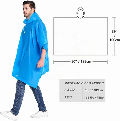 Vista 3 de Ponchos de lluvia para adultos, impermeable, portátil, reutilizable, paquete de 2 con capucha con cordón, se mantiene seco con estilo Azul