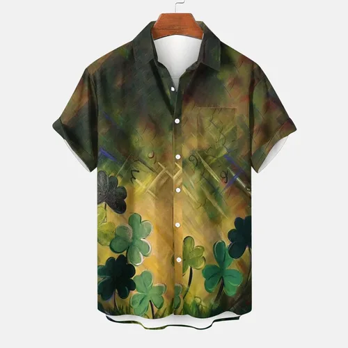Vista 3 de Camisa del día de San Patricio para hombre, con botones, divertida, trébol, trébol, manga corta, camisas casuales