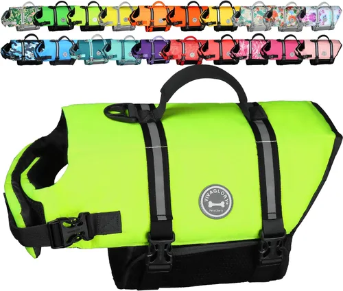 Vista 30 de VIVAGLORY Chaleco salvavidas para perros Rip Stop, chaleco de natación con asa, flotabilidad para perritos cachorros, chaleco salvavidas para perros