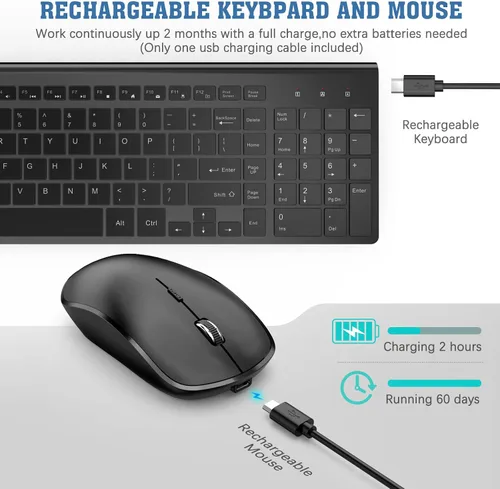 Vista 2 de Combo de teclado y mouse inalámbrico recargable - J JOYACCESS 2.4G Combo de teclado y mouse inalámbrico compacto, silencioso y delgado para laptop