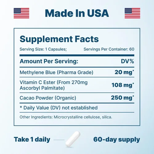 Vista 6 de Ultimate Methylene Blue Cápsulas para humanos 20 mg – Combustible de enfoque y vitaminas de memoria Grado farmacéutico de metileno azul 2%