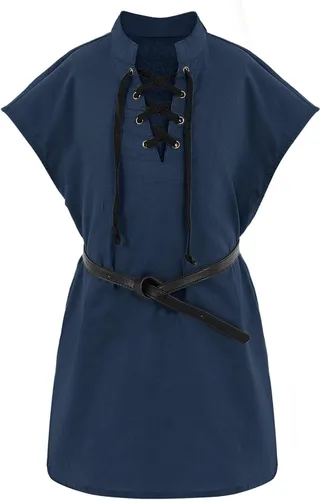 Vista 12 de Camisetas de pirata renacentista para niños, estilo vikingo, medieval, sin mangas, con cordones, de algodón escocés