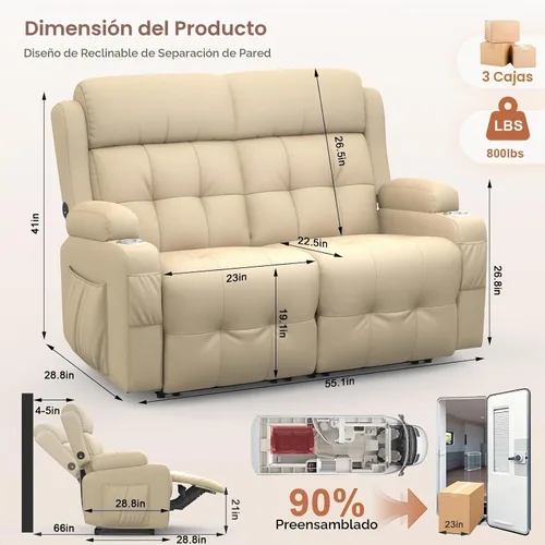 Vista 2 de Sofá reclinable de dos plazas para cine en casa, sofá reclinable de pared con USB, portavasos, sillón reclinable de tela de guijarros, sofá cama