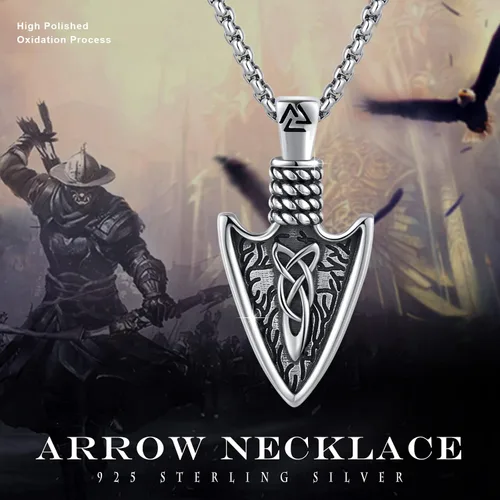 Vista 5 de CUOKA MIRACLE Collar vikingo de punta de flecha de plata de ley 25 para hombre, collar vikingo de punta de lanza con nudo celta y flecha