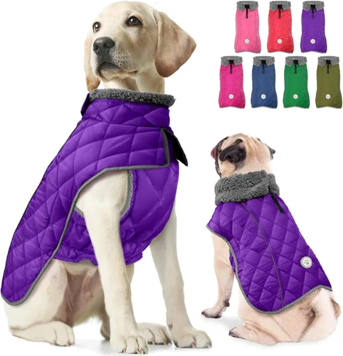 Vista 13 de Fragralley Abrigo de invierno para perro, chaqueta de forro polar reflectante impermeable y resistente al viento con agujero para arnés, chaleco