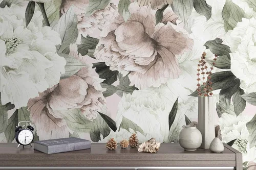 Vista 4 de Murwall Papel Pintado Floral, Peonías Flores Acuarela Murales de Pared