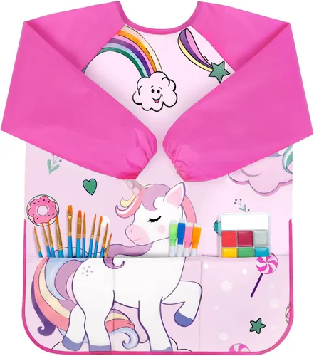 Vista 8 de Bassion Kids Art Smock Toddlers Painting Aprons Colorful Waterproof Children Artist Smock with Long Sleeve 3 Roomy Pockets