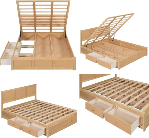 Vista 5 de Cama de plataforma de almacenamiento de tamaño matrimonial, con cajones de cabecera y soporte de listones de madera, base de cama de plataforma