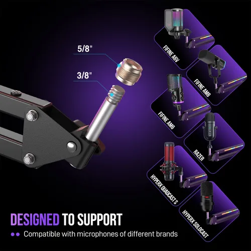 Vista 6 de FIFINE Brazo de Micrófono Articulado, Soporte de Micrófono Ajustable de Metal con Control RGB, Adaptador de Tornillo de 3/8" a 5/8", Abrazadera