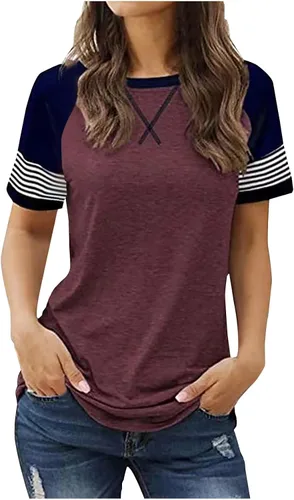 Vista 11 de Womens Summer Tops Raglan Short Sleeve Striped T-Shirts Color Block Crewneck Workout Tee Tshirts Loose Fitting Tunics