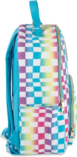 Vista 4 de Emma & Chloe Mochilas de vinilo impermeables para viajar y viajar al trabajo, Tablero de ajedrez arcoíris, Mochila casual