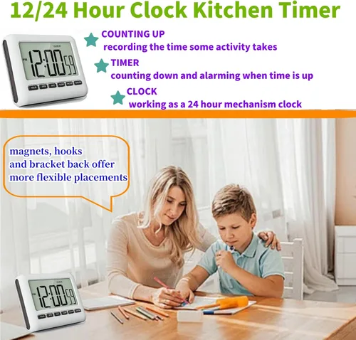 Vista 4 de Reloj digital magnético genérico para cocina - Temporizador con alarma, 12/24 horas, pantalla grande, alarma fuerte y imán potente - Cuenta hacia