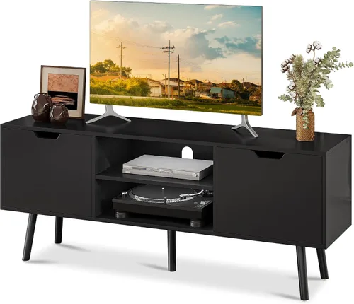 Vista 8 de ALINE FURNITURE - Soporte de TV negro para televisores de 50, 55, 60+ pulgadas - Consola multimedia con 2 gabinetes y estantes abiertos, patas