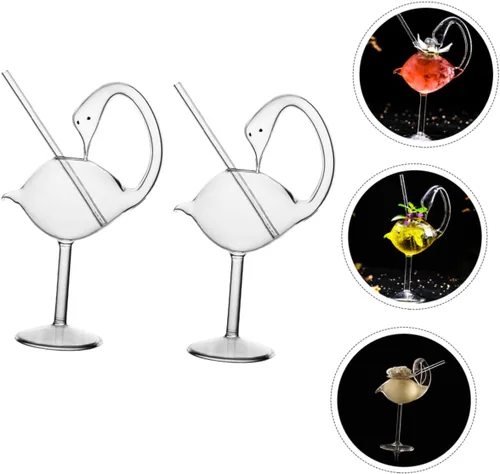Vista 8 de Hemoton Copas de cóctel en forma de cisne de 6.0 fl oz con pajita de vidrio, copas de vino creativas, copas para beber jugo Martini, whisky