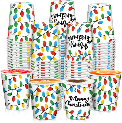Vista 15 de Funtery 100 piezas de vasos de papel de Navidad, vasos de café desechables de Navidad con copos de nieve, muñeco de nieve, alce, luces, 9 onzas