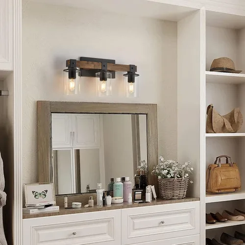Vista 6 de DUJAHMLAND Lámpara de tocador de granja, lámpara de pared de madera de baño de 3 luces sobre espejo con pantalla de vidrio transparente, iluminación