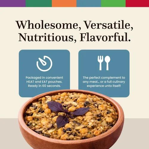 Vista 4 de Harran Natural Freekeh Pilaf – Grano antiguo, alto en proteínas, vegano, comida lista sin OMG con champiñones, albahaca roja y garbanzos asados, 6.6