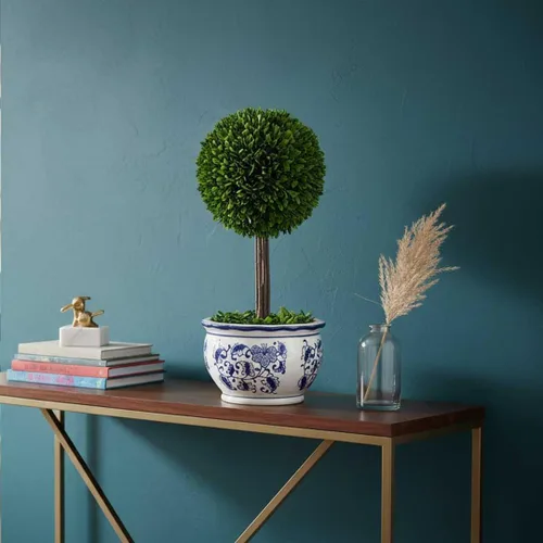 Vista 9 de Galt International Árbol topiario de bola de boj preservado naturalmente en maceta redonda de cerámica pintada a mano azul y blanca – Decoración