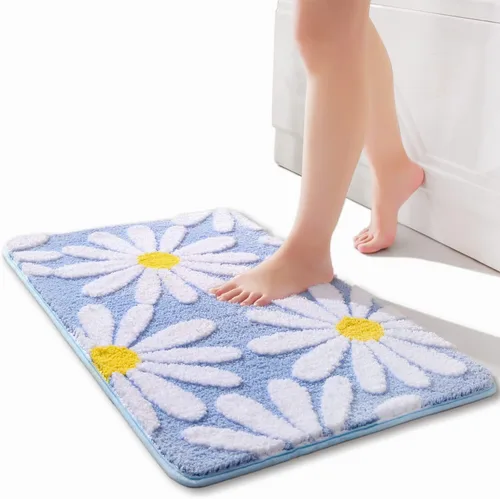 Vista 36 de QJHOMO Alfombra de baño beige con diseño de margaritas, decoración de flores blancas y amarillas, alfombra antideslizante de microfibra, súper