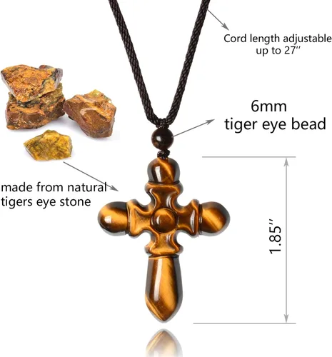 Vista 3 de QIANXU Collares de cruz de cristal de ojo de tigre para mujeres y hombres, amuleto de protección de Jesús, collar con colgante de joyería curativa