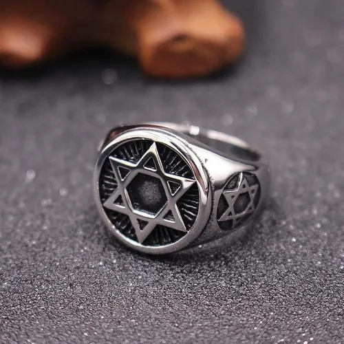 Vista 9 de Anillo de acero inoxidable para hombre, diseño de estrella de David con seis puntos, tamaño 7-13