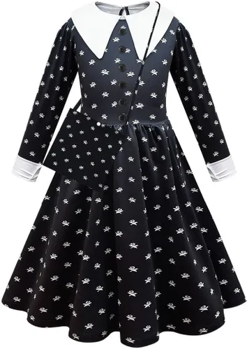 Vista 2 de Wednesday Addams - Vestido de disfraz para niñas, disfraz negro de la familia Addams, disfraz para niños, Halloween, terror, cosplay