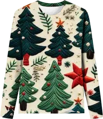 Vista 3 de Sudadera con estampado de Navidad 3D para mujer, talla grande, manga larga, cuello redondo, camisetas lindas y geniales