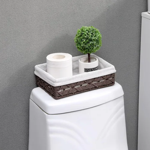 Vista 7 de Cesta rectangular de mimbre con forro, cesta decorativa para mesa de café, organizador de encimera de baño, organizador rectangular de cajones