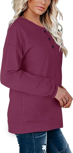 Vista 3 de OFEEFAN - Sudaderas casuales para mujer, túnica de manga larga con botones, estilo Henley