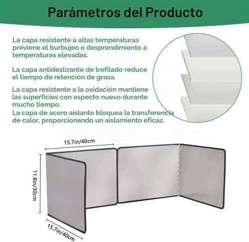 Vista 2 de Protector de salpicaduras de acero inoxidable de 2 caras para freír estufa, protector contra salpicaduras de aceite para cocina, pantalla plegable
