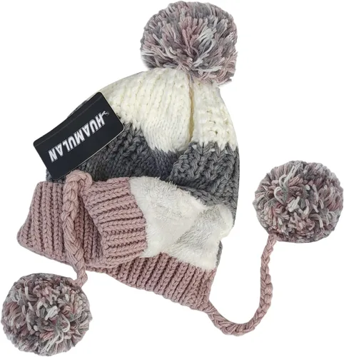 Vista 3 de HUAMULAN Gorro de invierno para mujer, con orejeras, con solapas, sherpa, esquí, nieve, forro polar, 3 pompones