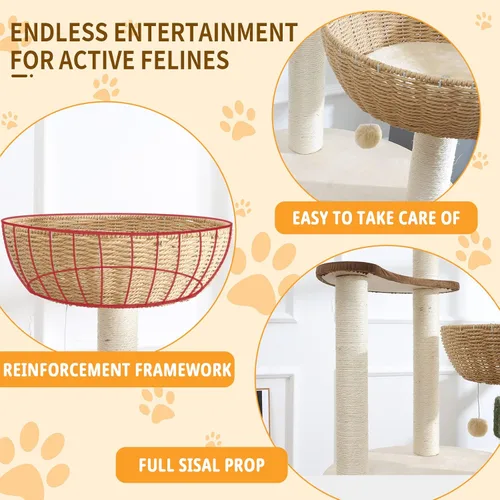 Vista 5 de Torre de árbol moderna para gatos de 52 pulgadas para gatos grandes, 3 nidos para gatos tejidos a mano, multinivel, enormes Paws Pals árbol
