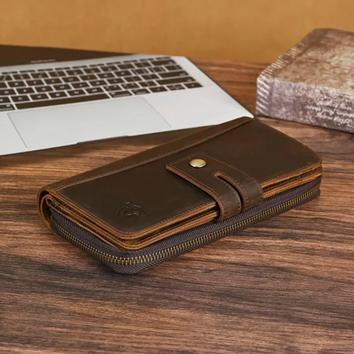 Vista 24 de Genuino Caballo Loco Cuero Regalo de Viaje Moneda Bolsillo Tarjetero Organizador Largo Cadena Rfid Cartera Monedero Con Broche Para Hombres Hombres