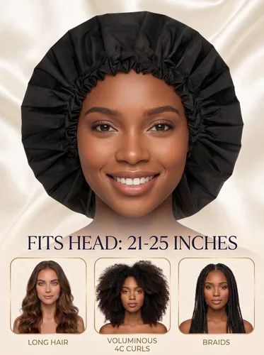 Vista 2 de Aquior Gorro de ducha para mujer, extra ajustable, doble capa, impermeable, reutilizable, gorra de pelo de tamaño grande para todo el cabello