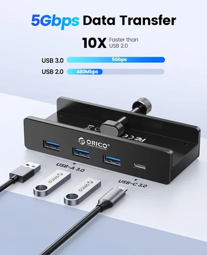 Vista 2 de ORICO Hub USB 3.0, Hub USB con Abrazadera con Puerto de Alimentación Extra, Adaptador USB de Aluminio de 4 Puertos con 3 Puertos de Datos USB-A