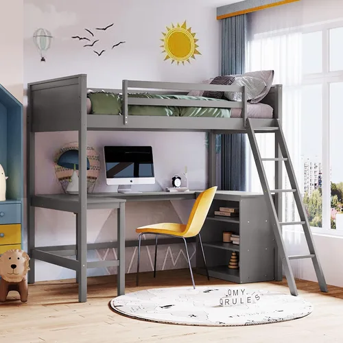 Vista 11 de Harper & Bright Designs Cama tipo loft individual con escritorio y 3 estantes, marco de cama tipo loft de madera maciza con escalera en ángulo