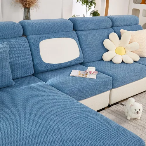 Vista 6 de OKYUK Fundas universales para sofá en forma de L resistentes al desgaste, funda para sofá chaise lounge, protector de muebles elástico Tejido Beige