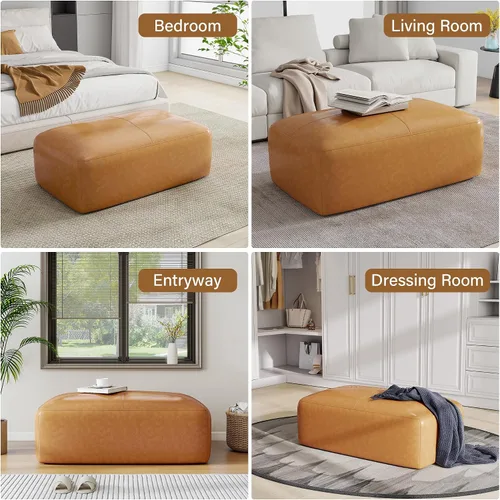 Vista 7 de Otomana rectangular de cuero auténtico, mesa de centro con botones marrones con patas, taburete tapizado para reposapiés para sala de estar