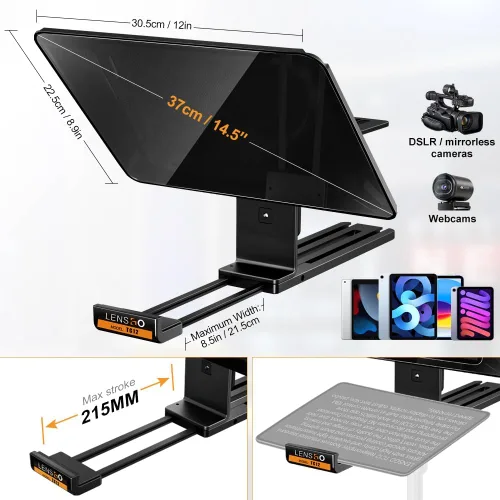 Vista 2 de Teleprompter para cámaras iPad Tablet, LENSGO TC12 14.5 pulgadas de aluminio Prompter App compatible con iOS/Android, indicador profesional