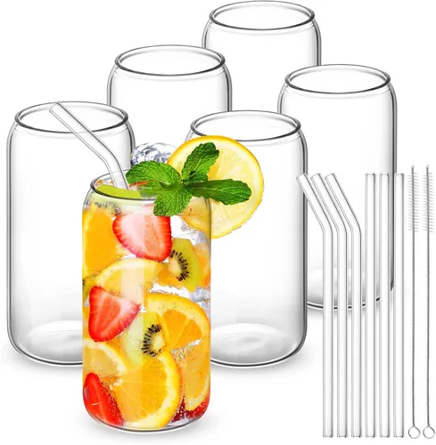 Vista 10 de CWHHRN Vasos de vidrio con tapas y pajitas, vasos de 16 onzas, tazas de café helado, vaso de vidrio con tapa, ideal para soda, té Boba Cocktai