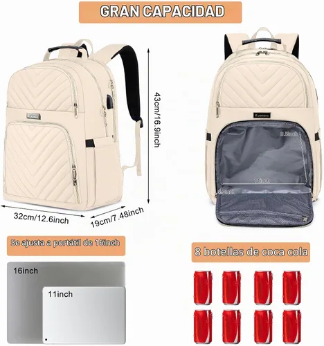 Vista 4 de Mochila de almuerzo para mujer, resistente al agua, bolsa de almuerzo aislada, mochilas para laptop de 15.6 pulgadas con puerto USB, mochila