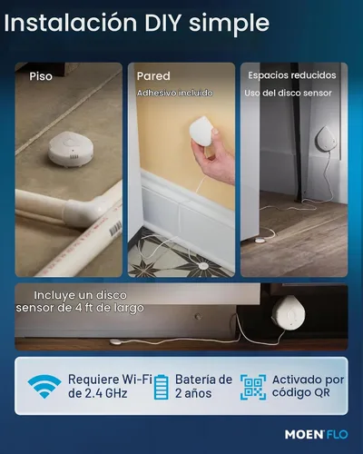 Vista 8 de Moen Flo Detector de fugas de agua inteligente, alarma de sensor de goteo o inundación para el hogar, 1 paquete, blanco, 920-004