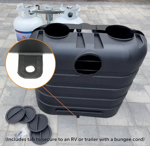 Vista 3 de Flame King Cubierta de plástico ligero resistente de 30LB para tanque de propano LP doble para RV, remolque de viaje, autocaravana y vehículo
