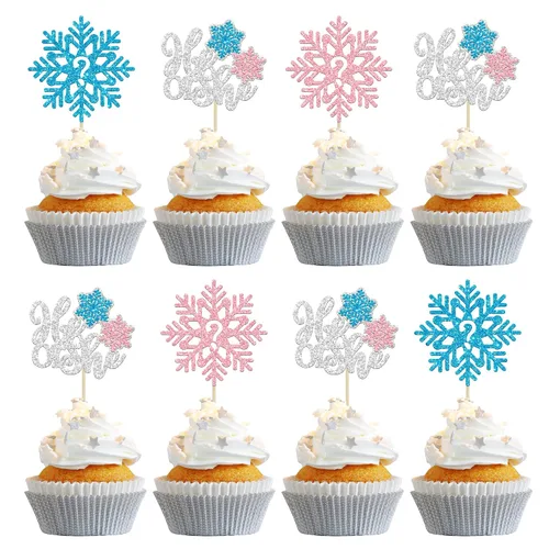 Vista 23 de Gyufise 24 adornos de copos de nieve Oh Baby para cupcakes con purpurina azul, decoración de pastel de baby shower congelado para baby shower