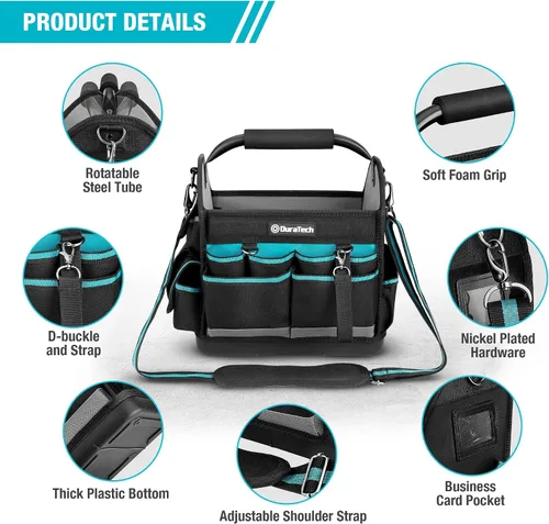 Vista 3 de DURATECH Bolsa de herramientas de 12 pulgadas con fondo duro impermeable, bolsa de herramientas para electricista con mango giratorio, bolsa
