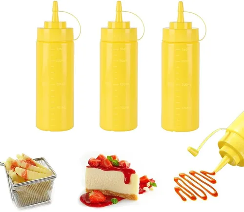 Vista 25 de Botellas de plástico de 3 colores de 12 onzas, botellas para apretar condimentos, botella multiusos para salsa de tomate, aceite, mermelada, salsa
