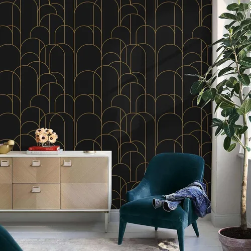Vista 6 de Papel tapiz para despegar y pegar, moderno papel tapiz geométrico negro/dorado, 17.71 x 118 pulgadas, papel tapiz autoadhesivo extraíble, papel