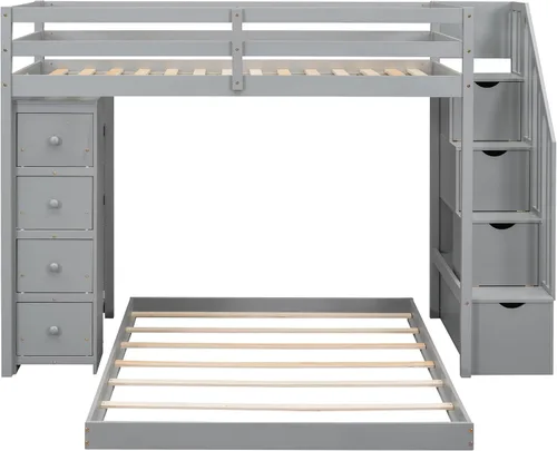 Vista 7 de Polibi Litera de tamaño individual sobre piso completo con 4 cajones, estante de 3 capas y escalera de almacenamiento, litera multifuncional con Gris