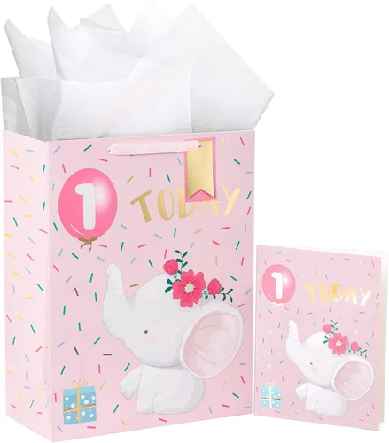 Vista 15 de WRAPAHOLIC Bolsa de regalo grande de 13 pulgadas con tarjeta y papel de seda, adorable bolsa de regalo de elefante para bebé, baby shower, fiesta